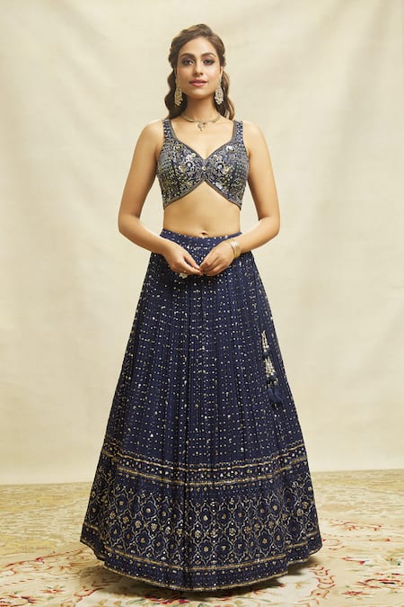 Shop_Aariyana Couture_Blue Silk, Net, Georgette Embroidery, Sequins Asymmetric Embellished Lehenga Set _Online_at_Aza_Fashions
