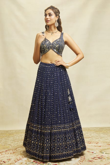 Aariyana Couture_Blue Silk, Net, Georgette Embroidery, Sequins Asymmetric Embellished Lehenga Set _at_Aza_Fashions