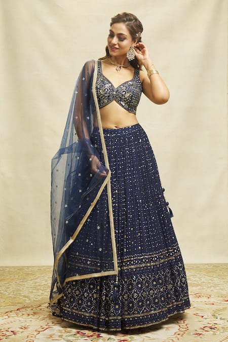 Buy_Aariyana Couture_Blue Silk, Net, Georgette Embroidery, Sequins Asymmetric Embellished Lehenga Set 