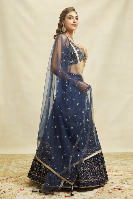 Shop_Aariyana Couture_Blue Silk, Net, Georgette Embroidery, Sequins Asymmetric Embellished Lehenga Set 