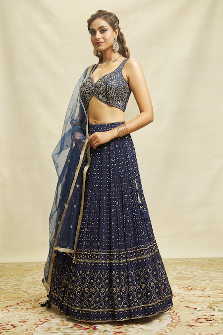 Buy Blue Lehenga And Blouse - Chanderi Printed Floral Scoop Neck Bridal Set  For Women by Tarun Tahiliani Online at Aza Fashions.