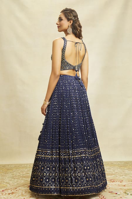 Aariyana Couture_Blue Silk, Net, Georgette Embroidery, Sequins Asymmetric Embellished Lehenga Set _Online_at_Aza_Fashions