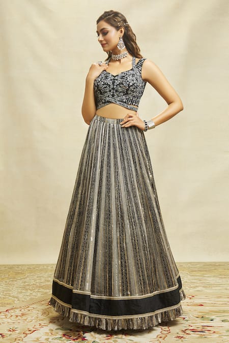 Shop Aariyana Couture Black Silk, Net, Georgette Embroidery, Sequins Color Blocked Lehenga Set Online at Aza Fashions Shop_Aariyana Couture_Black Silk, Net, Georgette Embroidery, Sequins Color Blocked Lehenga Set _Online_at_Aza_Fashions