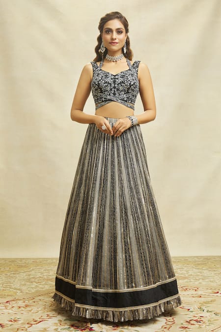 Aariyana Couture Black Silk, Net, Georgette Embroidery, Sequins Color Blocked Lehenga Set at Aza Fashions Aariyana Couture_Black Silk, Net, Georgette Embroidery, Sequins Color Blocked Lehenga Set _at_Aza_Fashions