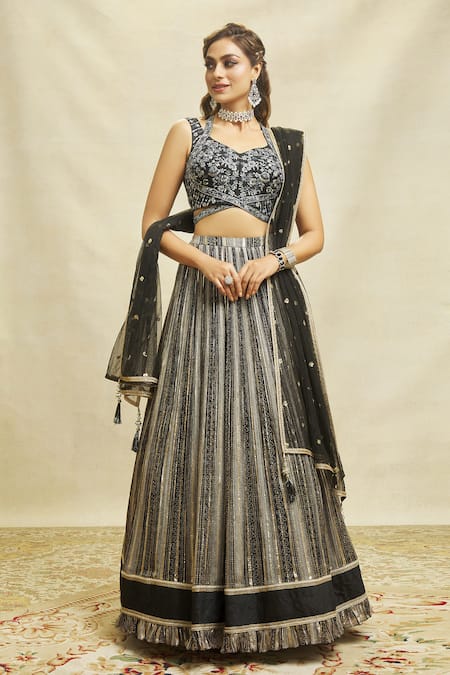 Buy Aariyana Couture Black Silk, Net, Georgette Embroidery, Sequins Color Blocked Lehenga Set Buy_Aariyana Couture_Black Silk, Net, Georgette Embroidery, Sequins Color Blocked Lehenga Set