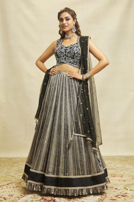 Shop Aariyana Couture Black Silk, Net, Georgette Embroidery, Sequins Color Blocked Lehenga Set Shop_Aariyana Couture_Black Silk, Net, Georgette Embroidery, Sequins Color Blocked Lehenga Set