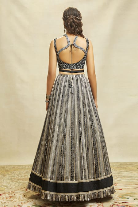 Aariyana Couture Black Silk, Net, Georgette Embroidery, Sequins Color Blocked Lehenga Set Online at Aza Fashions Aariyana Couture_Black Silk, Net, Georgette Embroidery, Sequins Color Blocked Lehenga Set _Online_at_Aza_Fashions