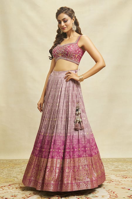 Shop_Aariyana Couture_Purple Silk, Georgette Sequins, Zari, Embroidery Bandhani Pattern Lehenga Set_Online_at_Aza_Fashions