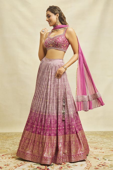 Buy_Aariyana Couture_Purple Silk, Georgette Sequins, Zari, Embroidery Bandhani Pattern Lehenga Set