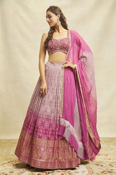 Shop_Aariyana Couture_Purple Silk, Georgette Sequins, Zari, Embroidery Bandhani Pattern Lehenga Set