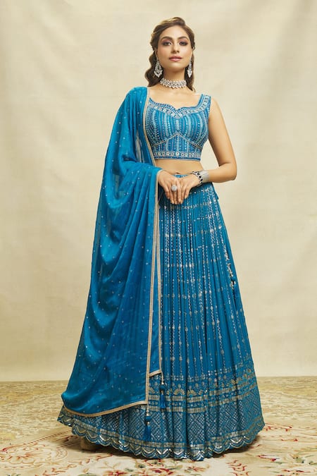 Alaya Advani Blue Lehenga Georgette Embroidered Hand Leaf Sequin Scalloped Set