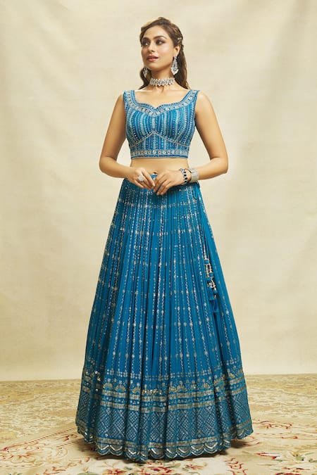 Buy Ariyana By Aza Blue Silk, Net, Georgette Embroidery, Sequins Asymmetric Scalloped Lehenga Set Online at Aza Fashions Buy_Ariyana By Aza_Blue Silk, Net, Georgette Embroidery, Sequins Asymmetric Scalloped Lehenga Set _Online_at_Aza_Fashions