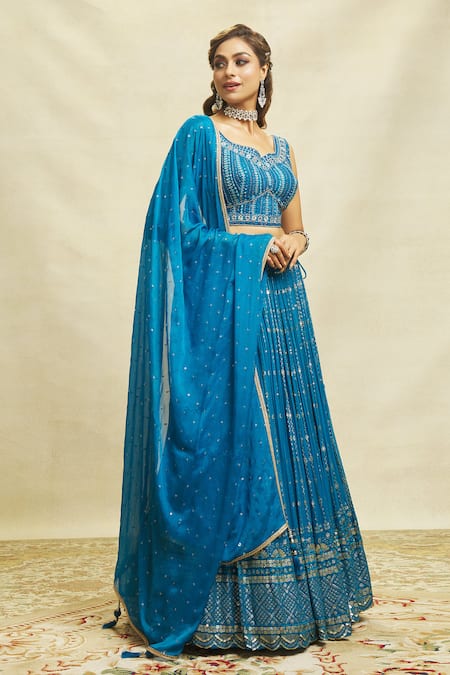 Shop Ariyana By Aza Blue Silk, Net, Georgette Embroidery, Sequins Asymmetric Scalloped Lehenga Set Shop_Ariyana By Aza_Blue Silk, Net, Georgette Embroidery, Sequins Asymmetric Scalloped Lehenga Set