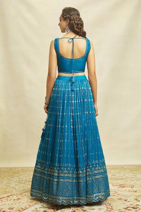 Ariyana By Aza Blue Silk, Net, Georgette Embroidery, Sequins Asymmetric Scalloped Lehenga Set Online at Aza Fashions Ariyana By Aza_Blue Silk, Net, Georgette Embroidery, Sequins Asymmetric Scalloped Lehenga Set _Online_at_Aza_Fashions