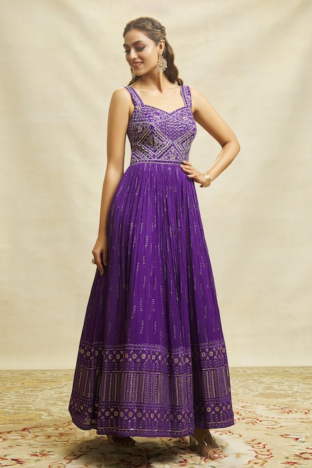 Shop Aariyana Couture Purple Georgette, Net Embroidery Sweetheart Mirror Work Anarkali With Dupatta Online at Aza Fashions Shop_Aariyana Couture_Purple Georgette, Net Embroidery Sweetheart Mirror Work Anarkali With Dupatta _Online_at_Aza_Fashions