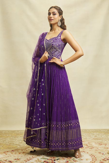 Buy Aariyana Couture Purple Georgette, Net Embroidery Sweetheart Mirror Work Anarkali With Dupatta Buy_Aariyana Couture_Purple Georgette, Net Embroidery Sweetheart Mirror Work Anarkali With Dupatta