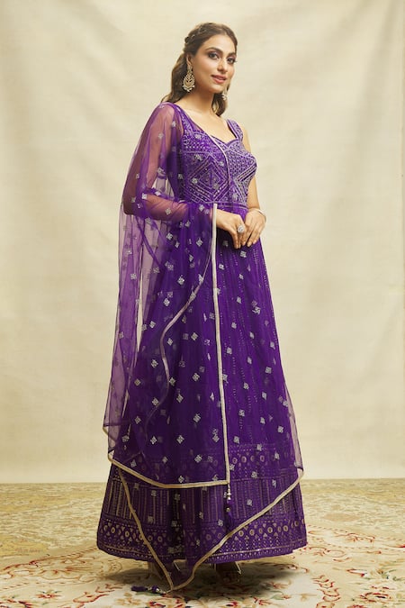 Shop Aariyana Couture Purple Georgette, Net Embroidery Sweetheart Mirror Work Anarkali With Dupatta Shop_Aariyana Couture_Purple Georgette, Net Embroidery Sweetheart Mirror Work Anarkali With Dupatta