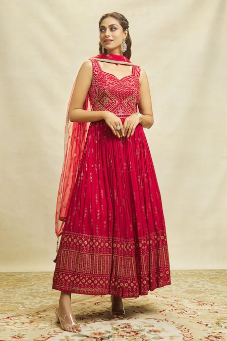 Buy Aariyana Couture Maroon Georgette, Net Embroidery Asymmetric Sleeveless Anarkali With Dupatta Buy_Aariyana Couture_Maroon Georgette, Net Embroidery Asymmetric Sleeveless Anarkali With Dupatta
