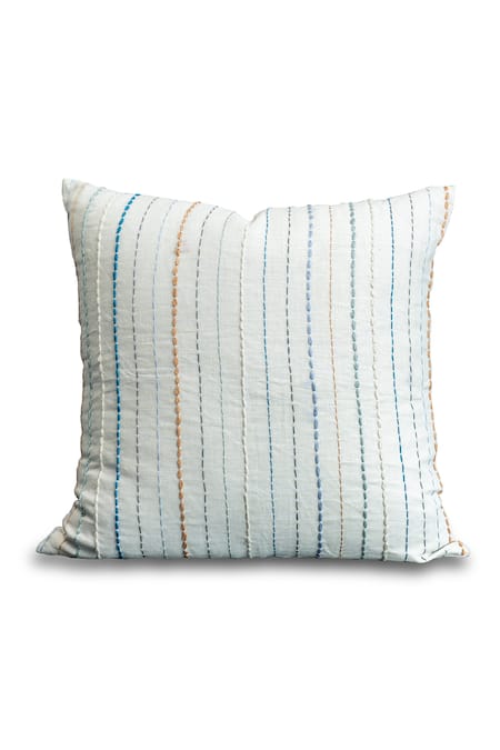 SITTARA WORKZ Beige Linen Embroidery Lakeer Stripe Cushion
