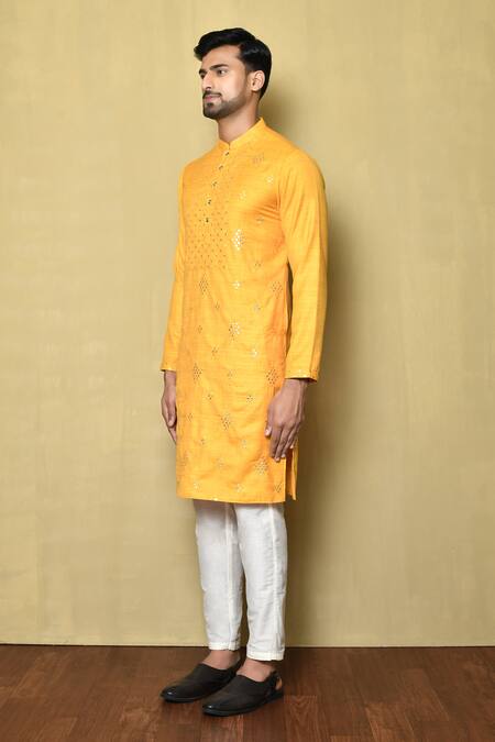 Shop_Arihant Rai Sinha_Yellow Silk Embroidered Mirror Kurta_Online_at_Aza_Fashions