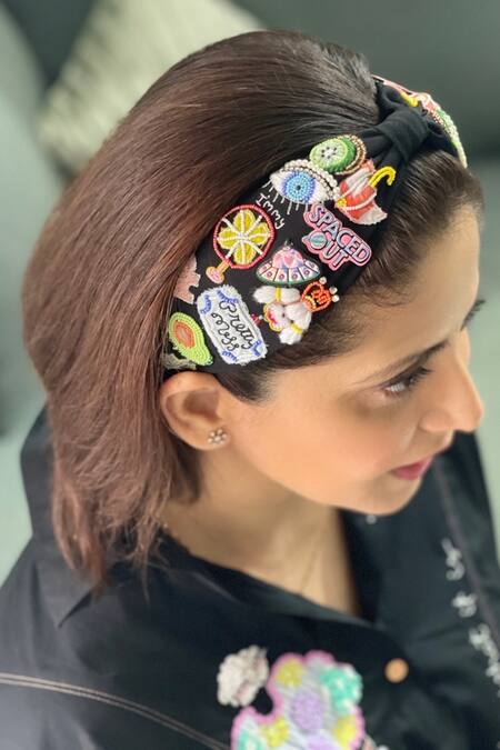 Joey & Pooh_Black 3d Hand Embroidery Headband _Online_at_Aza_Fashions