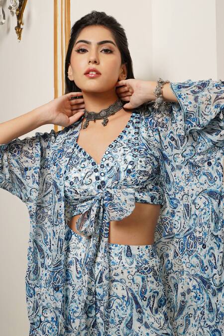 Buy Ahi Clothing White Georgette Mirrors, Embroidery V-neck, Handwork Printed Kimono Palazzo Set Online at Aza Fashions Buy_Ahi Clothing_White Georgette Mirrors, Embroidery V-neck, Handwork Printed Kimono Palazzo Set _Online_at_Aza_Fashions