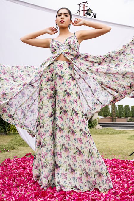 Ahi Clothing Purple Organza Sequins, Mirrors, Embroidery V-neck Anarkali Palazzo Set Online at Aza Fashions Ahi Clothing_Purple Organza Sequins, Mirrors, Embroidery V-neck Anarkali Palazzo Set _Online_at_Aza_Fashions