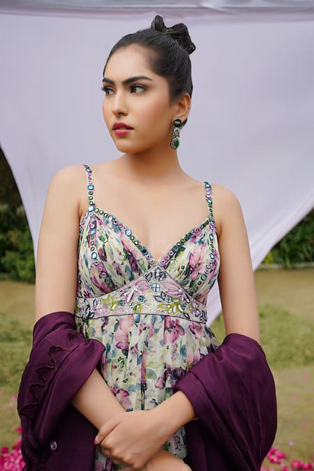 Shop Ahi Clothing Purple Organza Sequins, Mirrors, Embroidery V-neck Anarkali Palazzo Set Online at Aza Fashions Shop_Ahi Clothing_Purple Organza Sequins, Mirrors, Embroidery V-neck Anarkali Palazzo Set _Online_at_Aza_Fashions