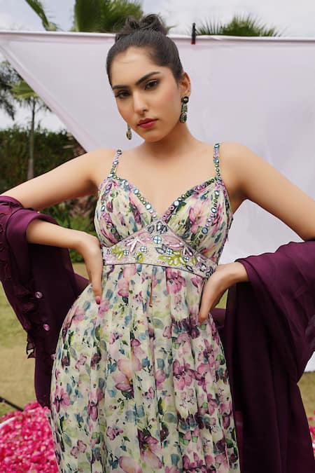 Ahi Clothing Purple Organza Sequins, Mirrors, Embroidery V-neck Anarkali Palazzo Set at Aza Fashions Ahi Clothing_Purple Organza Sequins, Mirrors, Embroidery V-neck Anarkali Palazzo Set _at_Aza_Fashions