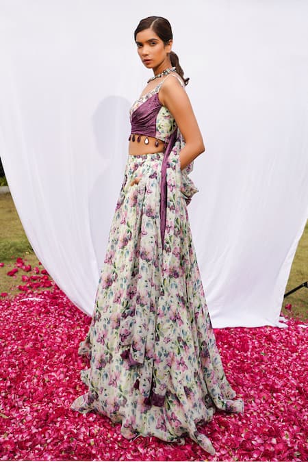 Ahi Clothing_Purple Velvet, Organza, Hemp Mirrors, Tassels, Floral Print Lehenga Bustier Set _Online_at_Aza_Fashions