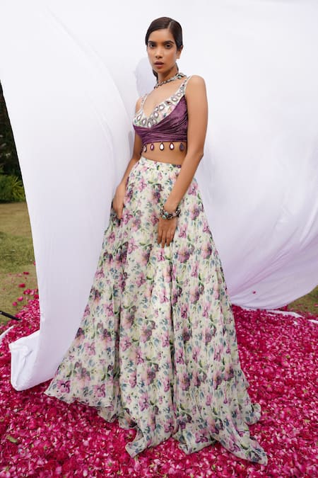 Shop_Ahi Clothing_Purple Velvet, Organza, Hemp Mirrors, Tassels, Floral Print Lehenga Bustier Set _Online_at_Aza_Fashions
