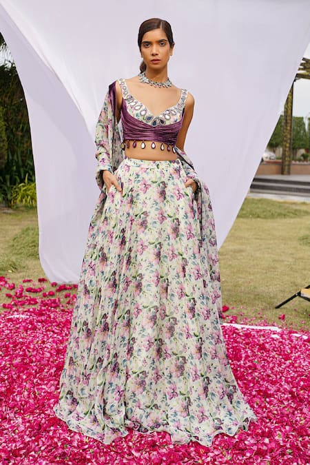 Ahi Clothing_Purple Velvet, Organza, Hemp Mirrors, Tassels, Floral Print Lehenga Bustier Set _at_Aza_Fashions