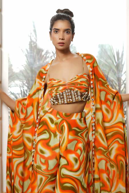 Shop Ahi Clothing Orange Crepe Mirrors, Zari Sweetheart Neck Abstract Printed Cape Palazzo Set Online at Aza Fashions Shop_Ahi Clothing_Orange Crepe Mirrors, Zari Sweetheart Neck Abstract Printed Cape Palazzo Set _Online_at_Aza_Fashions
