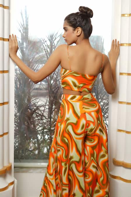 Ahi Clothing Orange Crepe Mirrors, Zari Sweetheart Neck Abstract Printed Cape Palazzo Set at Aza Fashions Ahi Clothing_Orange Crepe Mirrors, Zari Sweetheart Neck Abstract Printed Cape Palazzo Set _at_Aza_Fashions