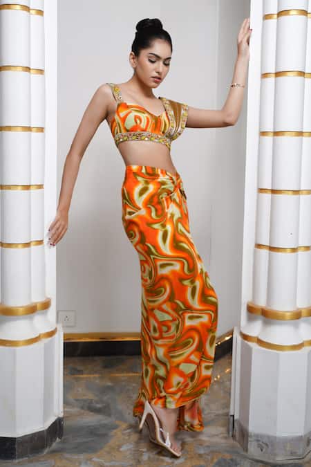 Buy Ahi Clothing Orange Hemp, Linen, Crepe Sequins, Mirrors Abstract Print Skirt Bustier Set Online at Aza Fashions Buy_Ahi Clothing_Orange Hemp, Linen, Crepe Sequins, Mirrors Abstract Print Skirt Bustier Set _Online_at_Aza_Fashions