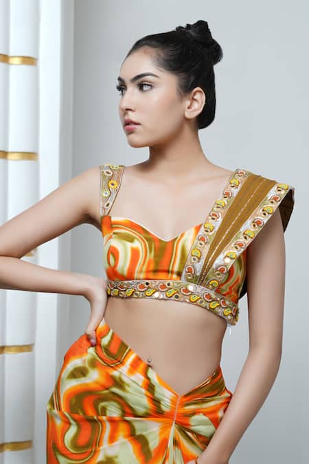 Shop Ahi Clothing Orange Hemp, Linen, Crepe Sequins, Mirrors Abstract Print Skirt Bustier Set Online at Aza Fashions Shop_Ahi Clothing_Orange Hemp, Linen, Crepe Sequins, Mirrors Abstract Print Skirt Bustier Set _Online_at_Aza_Fashions