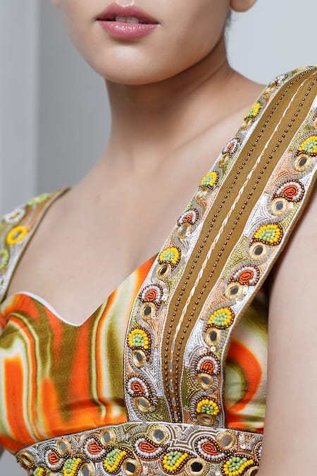 Ahi Clothing Orange Hemp, Linen, Crepe Sequins, Mirrors Abstract Print Skirt Bustier Set at Aza Fashions Ahi Clothing_Orange Hemp, Linen, Crepe Sequins, Mirrors Abstract Print Skirt Bustier Set _at_Aza_Fashions