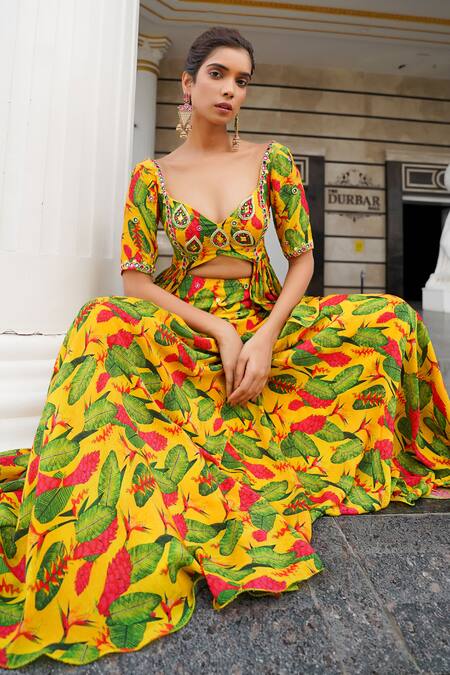 Buy Ahi Clothing Yellow Crepe Mirrors, Zari Sweetheart Floral Print Peplum Blouse And Lehenga Set Online at Aza Fashions Buy_Ahi Clothing_Yellow Crepe Mirrors, Zari Sweetheart Floral Print Peplum Blouse And Lehenga Set _Online_at_Aza_Fashions