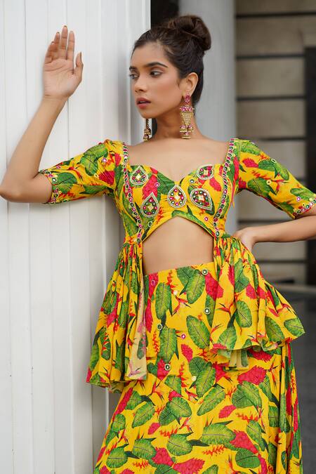 Ahi Clothing Yellow Crepe Mirrors, Zari Sweetheart Floral Print Peplum Blouse And Lehenga Set at Aza Fashions Ahi Clothing_Yellow Crepe Mirrors, Zari Sweetheart Floral Print Peplum Blouse And Lehenga Set _at_Aza_Fashions