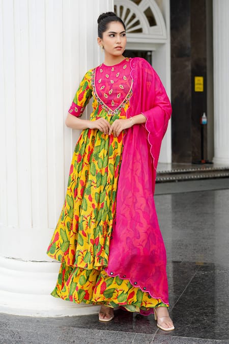 AHI Clothing Yellow Heavy Crepe Printed Floral Round Embroidered Anarkali Palazzo Set 