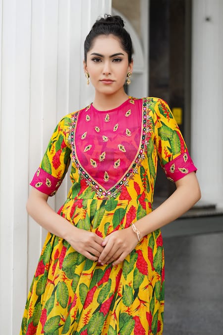 Ahi Clothing_Yellow Crepe, Organza, Hemp, Linen Floral Print Embroidered Anarkali Palazzo Set _at_Aza_Fashions