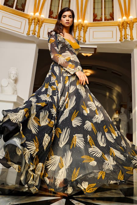 Shop Ahi Clothing Black Georgette, Hemp Embroidery, Cut Work, Abstract Printed Kurta Lehenga Set Online at Aza Fashions Shop_Ahi Clothing_Black Georgette, Hemp Embroidery, Cut Work, Abstract Printed Kurta Lehenga Set _Online_at_Aza_Fashions