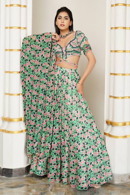 Ahi Clothing Green Georgette, Silk, Hemp Sequins, Zari Floral Print Kali Lehenga Set Online at Aza Fashions Ahi Clothing_Green Georgette, Silk, Hemp Sequins, Zari Floral Print Kali Lehenga Set _Online_at_Aza_Fashions