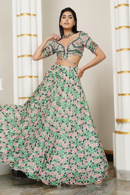 Buy Ahi Clothing Green Georgette, Silk, Hemp Sequins, Zari Floral Print Kali Lehenga Set Online at Aza Fashions Buy_Ahi Clothing_Green Georgette, Silk, Hemp Sequins, Zari Floral Print Kali Lehenga Set _Online_at_Aza_Fashions