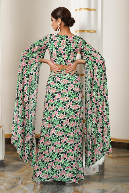 Shop Ahi Clothing Green Crepe Zari, Embroidery V-neck Floral Printed Cape Sleeve Skirt Set at Aza Fashions Shop_Ahi Clothing_Green Crepe Zari, Embroidery V-neck Floral Printed Cape Sleeve Skirt Set _at_Aza_Fashions