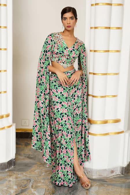 Buy Green Heavy Crepe Printed Floral Cape Sleeve Bustier Draped Skirt Set  For Women by Ahi Clothing Online at Aza Fashions.