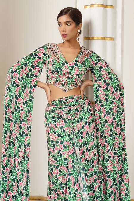 Ahi Clothing Green Crepe Zari, Embroidery V-neck Floral Printed Cape Sleeve Skirt Set at Aza Fashions Ahi Clothing_Green Crepe Zari, Embroidery V-neck Floral Printed Cape Sleeve Skirt Set _at_Aza_Fashions