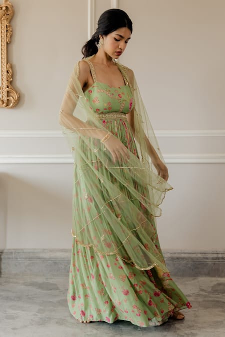 Paulmi And Harsh Green Floral Motif Sweetheart Neck Print Anarkali And Dupatta Set Online at Aza Fashions Paulmi And Harsh_Green Floral Motif Sweetheart Neck Print Anarkali And Dupatta Set _Online_at_Aza_Fashions