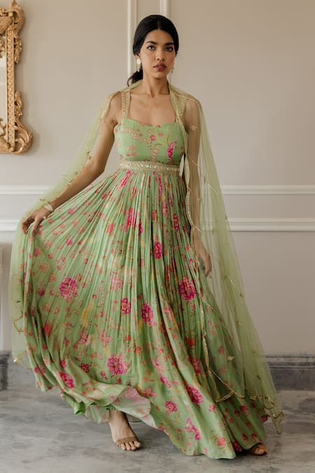 Buy Paulmi And Harsh Green Floral Motif Sweetheart Neck Print Anarkali And Dupatta Set Online at Aza Fashions Buy_Paulmi And Harsh_Green Floral Motif Sweetheart Neck Print Anarkali And Dupatta Set _Online_at_Aza_Fashions