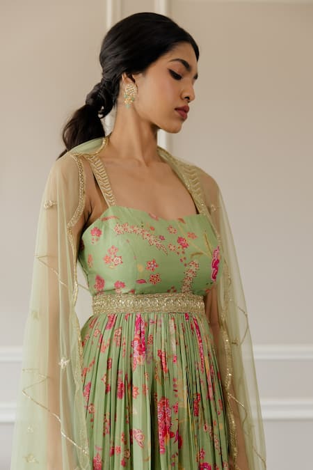Shop Paulmi And Harsh Green Floral Motif Sweetheart Neck Print Anarkali And Dupatta Set Online at Aza Fashions Shop_Paulmi And Harsh_Green Floral Motif Sweetheart Neck Print Anarkali And Dupatta Set _Online_at_Aza_Fashions